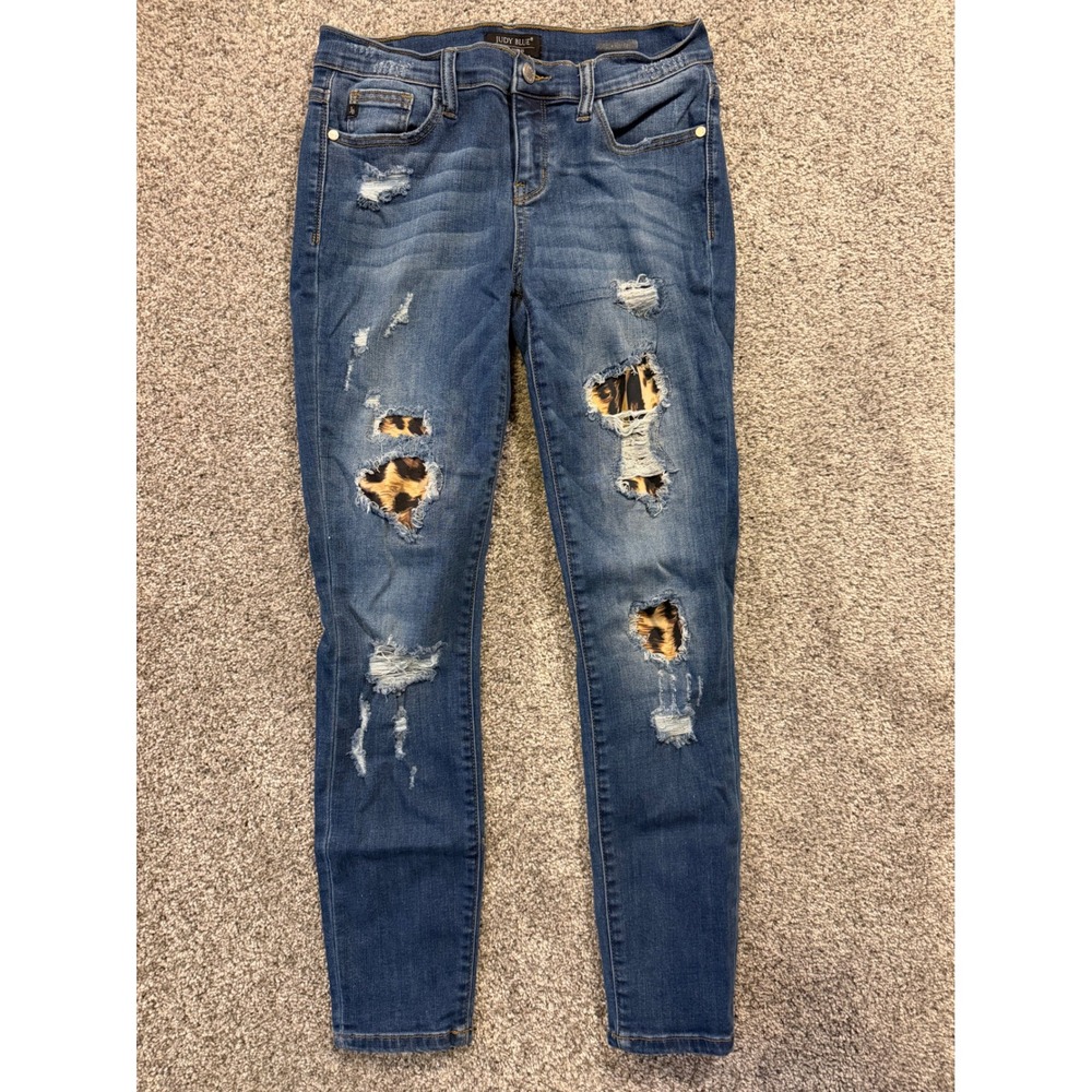 Judy Blue Medium Blue Distressed Skinny Jeans with Leopard Patch